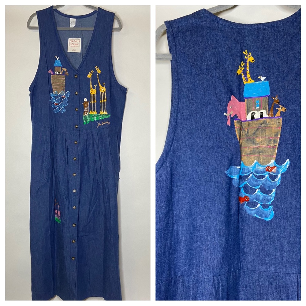 NEW Vintage John Halladay Large Handprinted Jesus Ark Jean Denim Jumper Dress